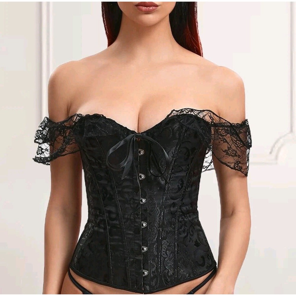Women's‎ Overbust Lace Boned Corset Bustier Waist Cincher Lingerie Set Size L